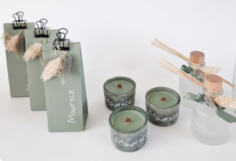 Een sfeervolle verzameling van verschillende bedankjes voor geboorte, communie en trouw, handgemaakt door LOVI studio.