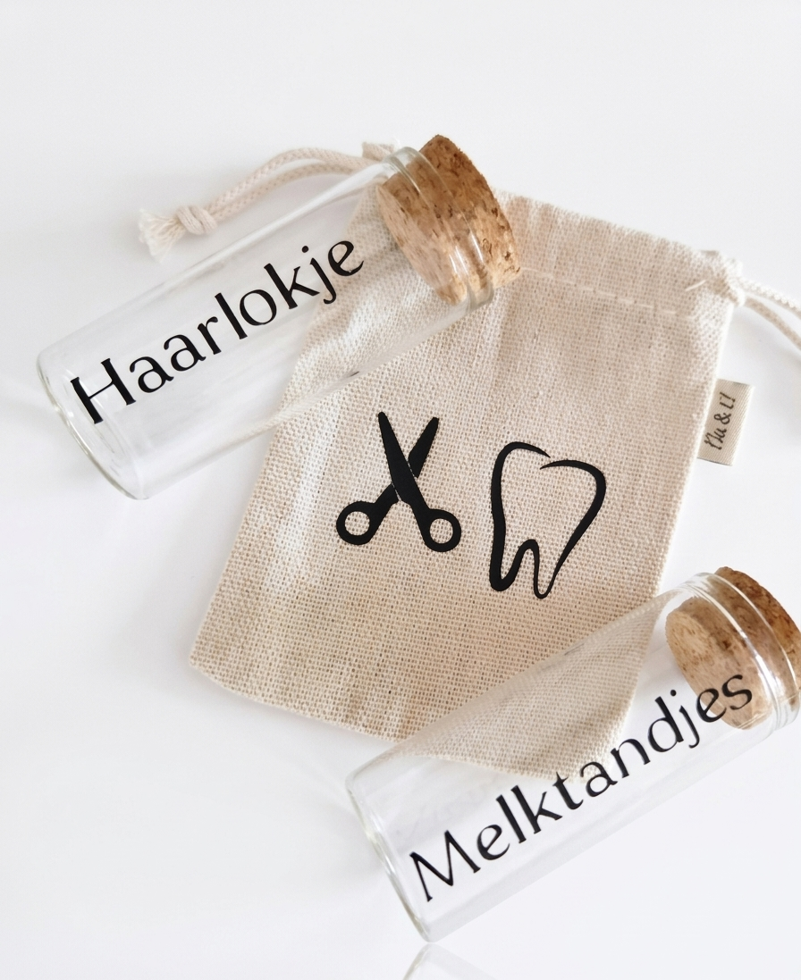 Set van twee glazen bewaarkokers met kurk voor het eerste haarlokje en melktandjes, inclusief katoenen zakje