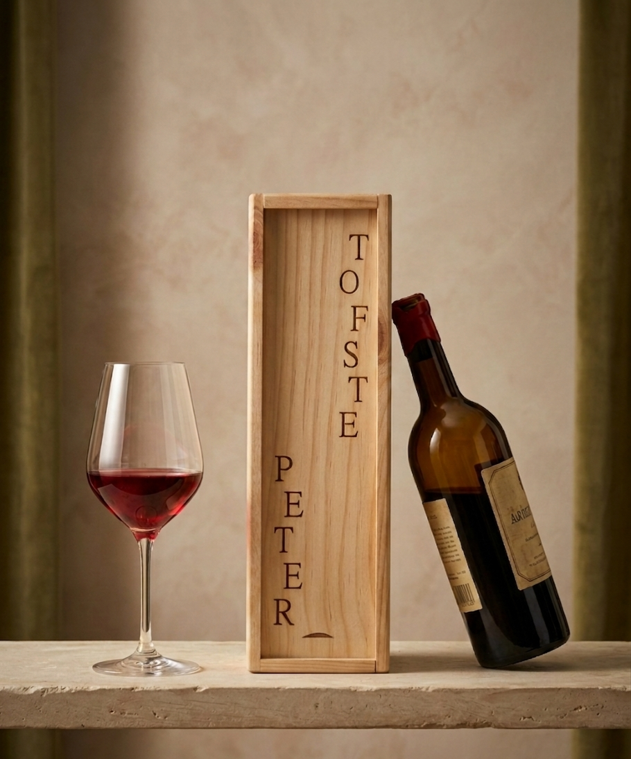 Gegraveerde houten wijnkist met tofste peter, met wijnfles en wijnglas.
