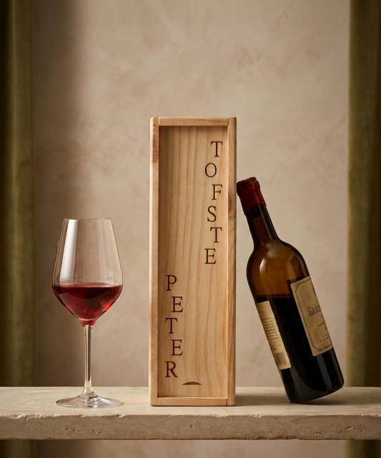 Gegraveerde houten wijnkist met tofste peter, met wijnfles en wijnglas.