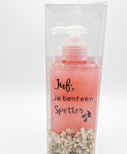 Roze zeepdispenser 'Juf, Je bent een Spetter' 50ml in transparante cadeauverpakking met papieren vulling