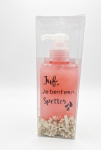 Roze zeepdispenser 'Juf, Je bent een Spetter' 50ml in transparante cadeauverpakking met papieren vulling