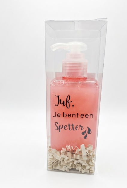 Roze zeepdispenser 'Juf, Je bent een Spetter' 50ml in transparante cadeauverpakking met papieren vulling