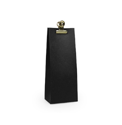Een chic zwart papieren geschenkzakje met een contrasterende koperen metalen sluiting