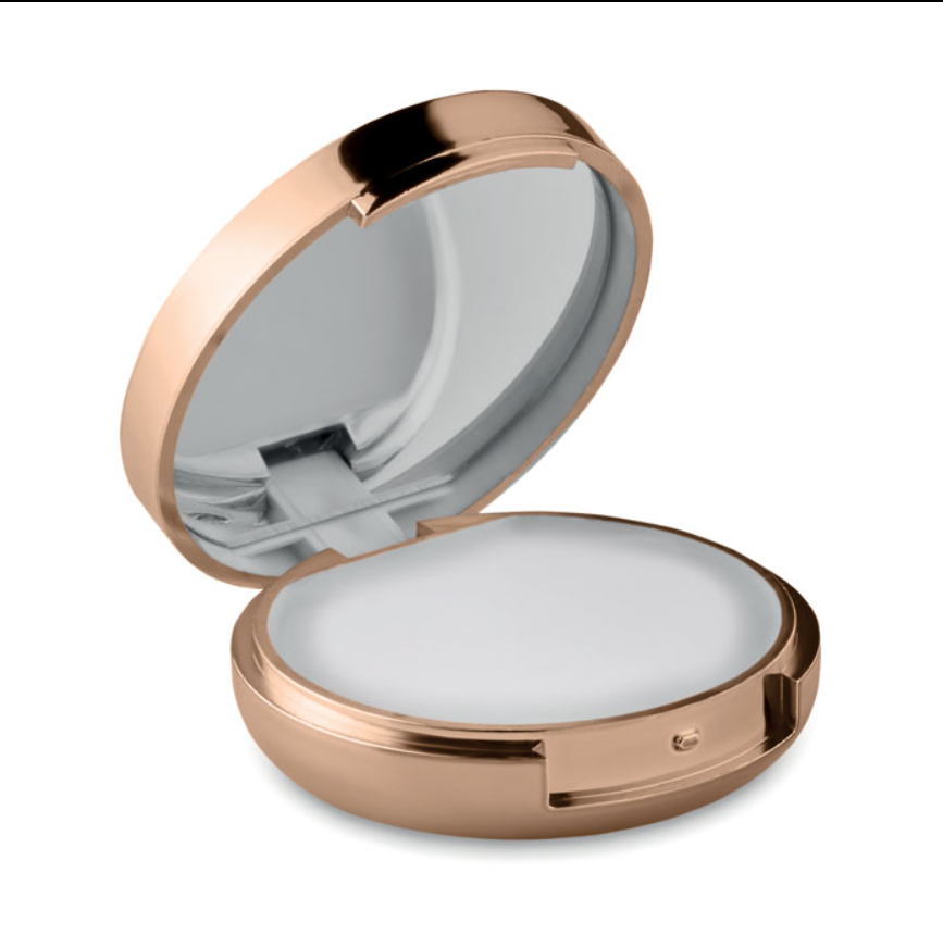 Luxe gouden lippenbalsem geopend met zichtbaar spiegeltje en witte vanillebalsem.