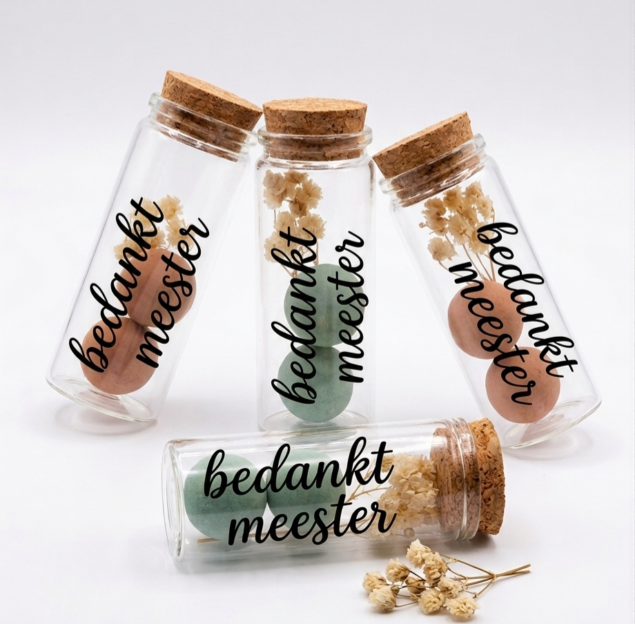 vier glazen buisjes met kurkenstop gevuld met droogbloemen en bloembollen, bedrukt met de tekst bedankt meester in zwart