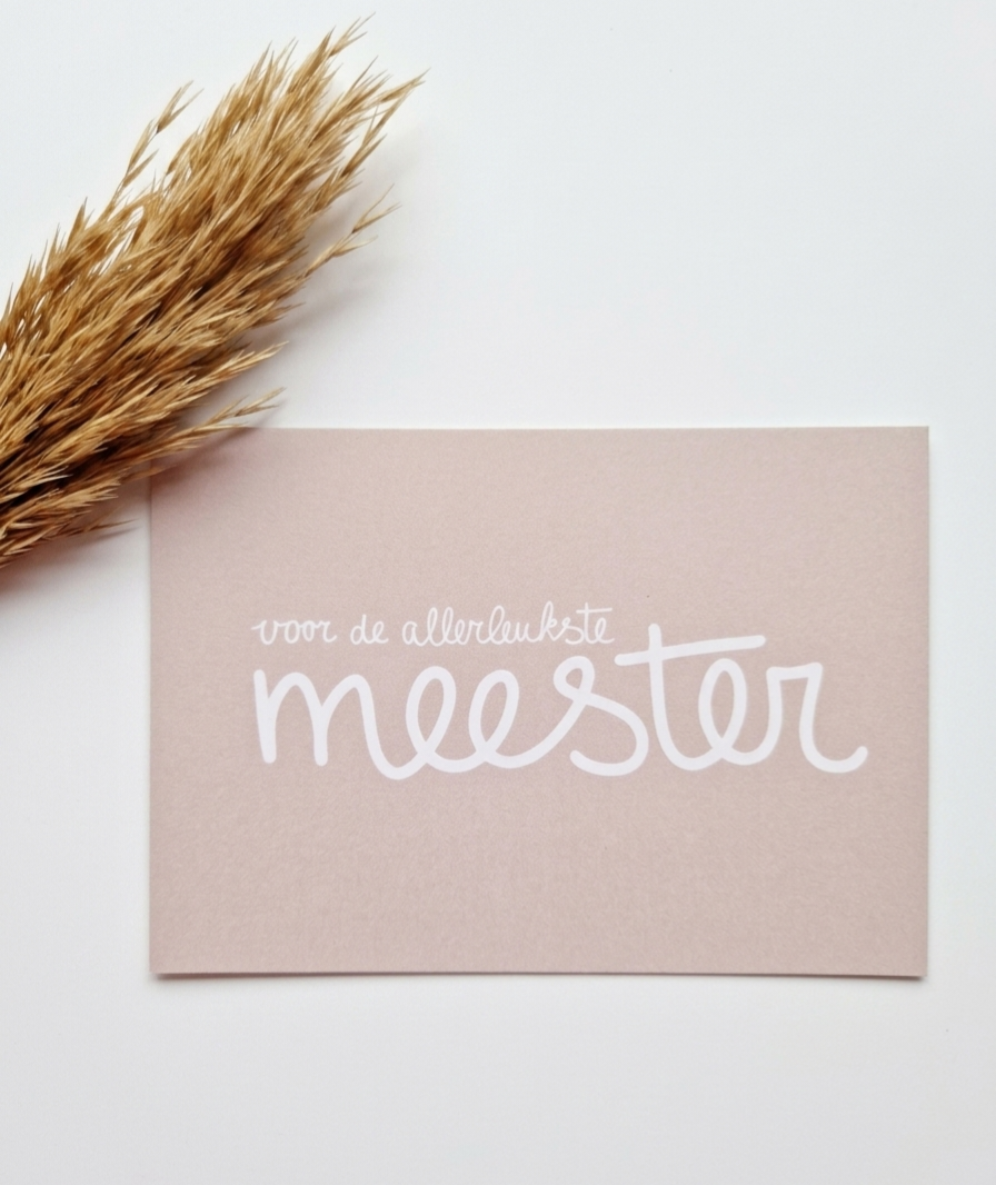Een zachtroze wenskaart met de witte handgeschreven tekst 'voor de allerleukste meester', geflankeerd door gedroogd gras.